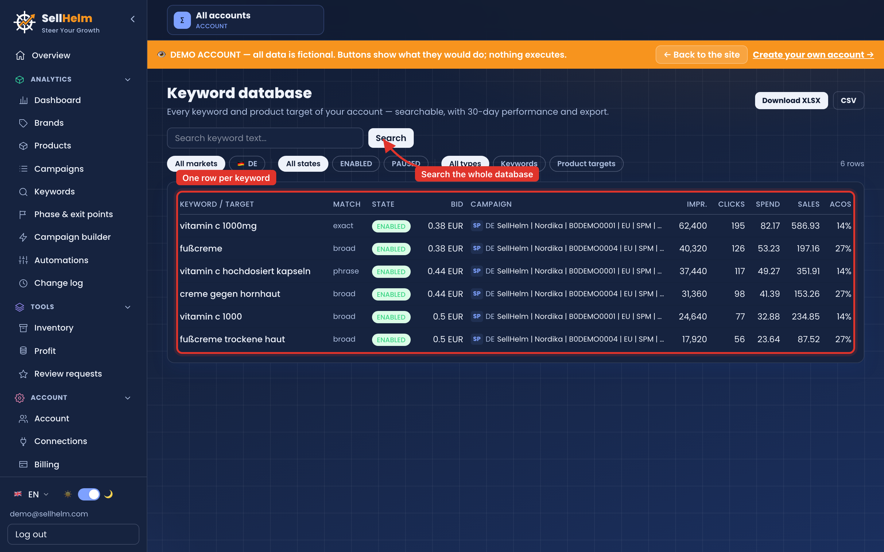 Keyword database: every keyword and product target of the account, searchable, with 30-day performance.